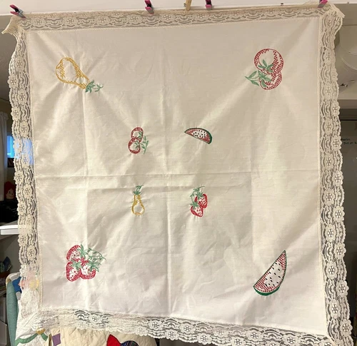 Vintage Cotton-Blend Fruit-Designs Embroidered Tablecloth 33x33