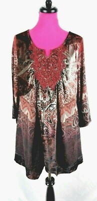 One World Tunic Top Size L Red Sublimation Lace Rhinestones Velvet Contrast