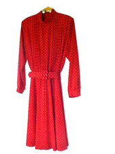 VTG ~ SALE ~ Hana Sung ~ Sz 14 ~ Red LS Dress w/Silver Gray Dots~A Line & Pleats