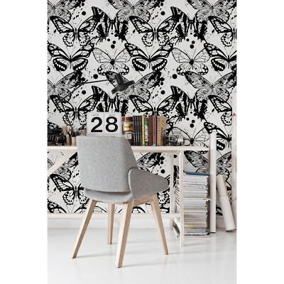 Non-woven wallpaper Watercolor Butterflies Black White illustration Traditional