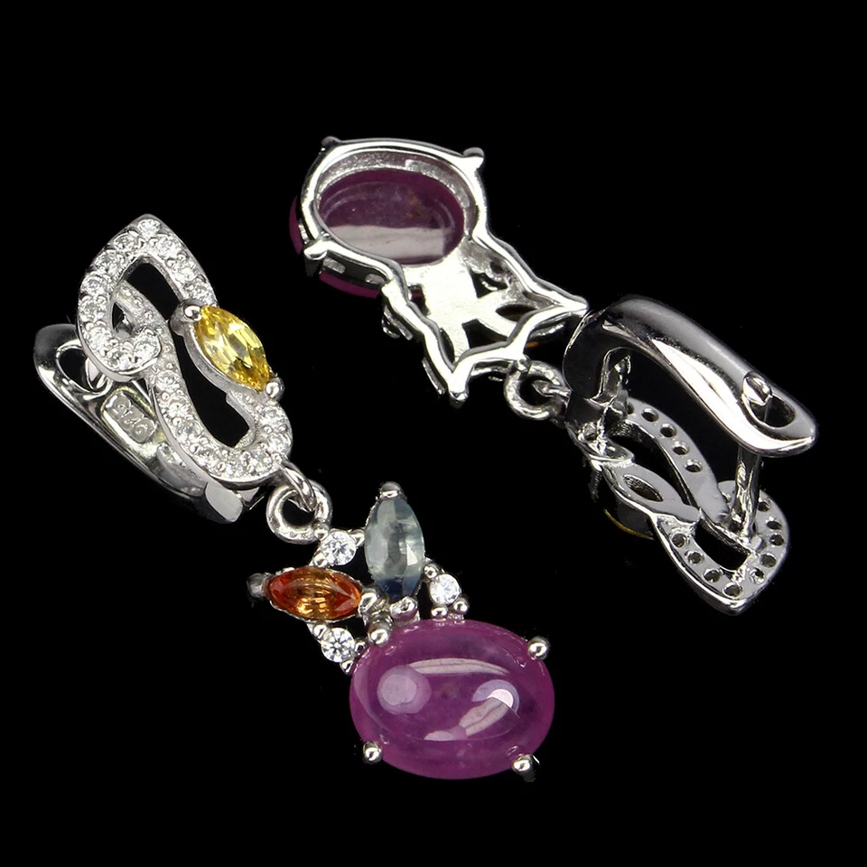 925 Sterling Silver Oval Ruby 8x6mm Sapphire Simulated Cz Earrings - Image 3 of 4