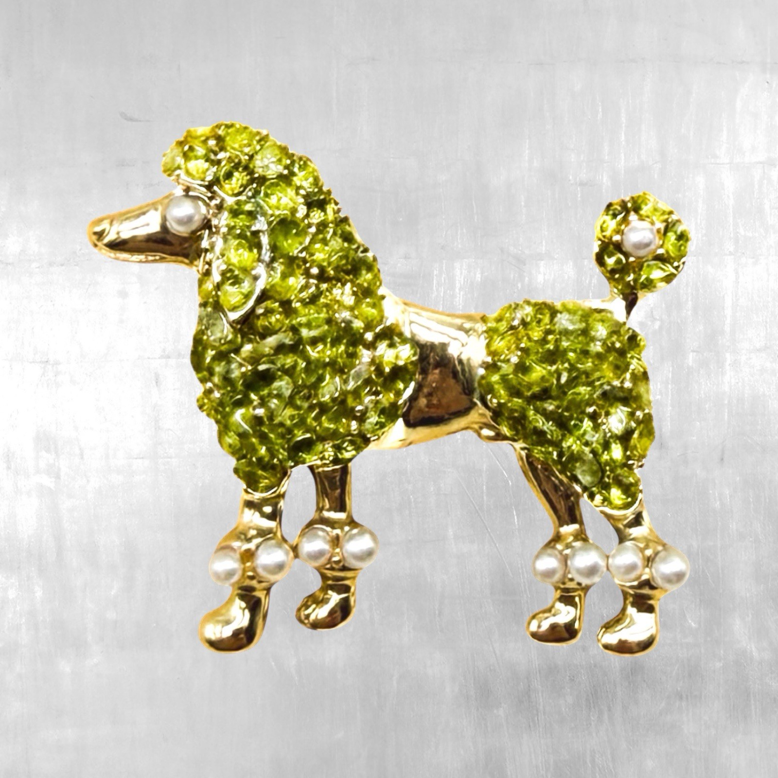 Vintage Poodle Brooch Peridot Chip Inlay Faux Pearl Gold Tone French Dog Pin