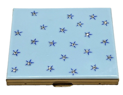 Vintage Powder Compact Atomic Starburst Blue Enamel Brass Rhinestones MCM 1950's