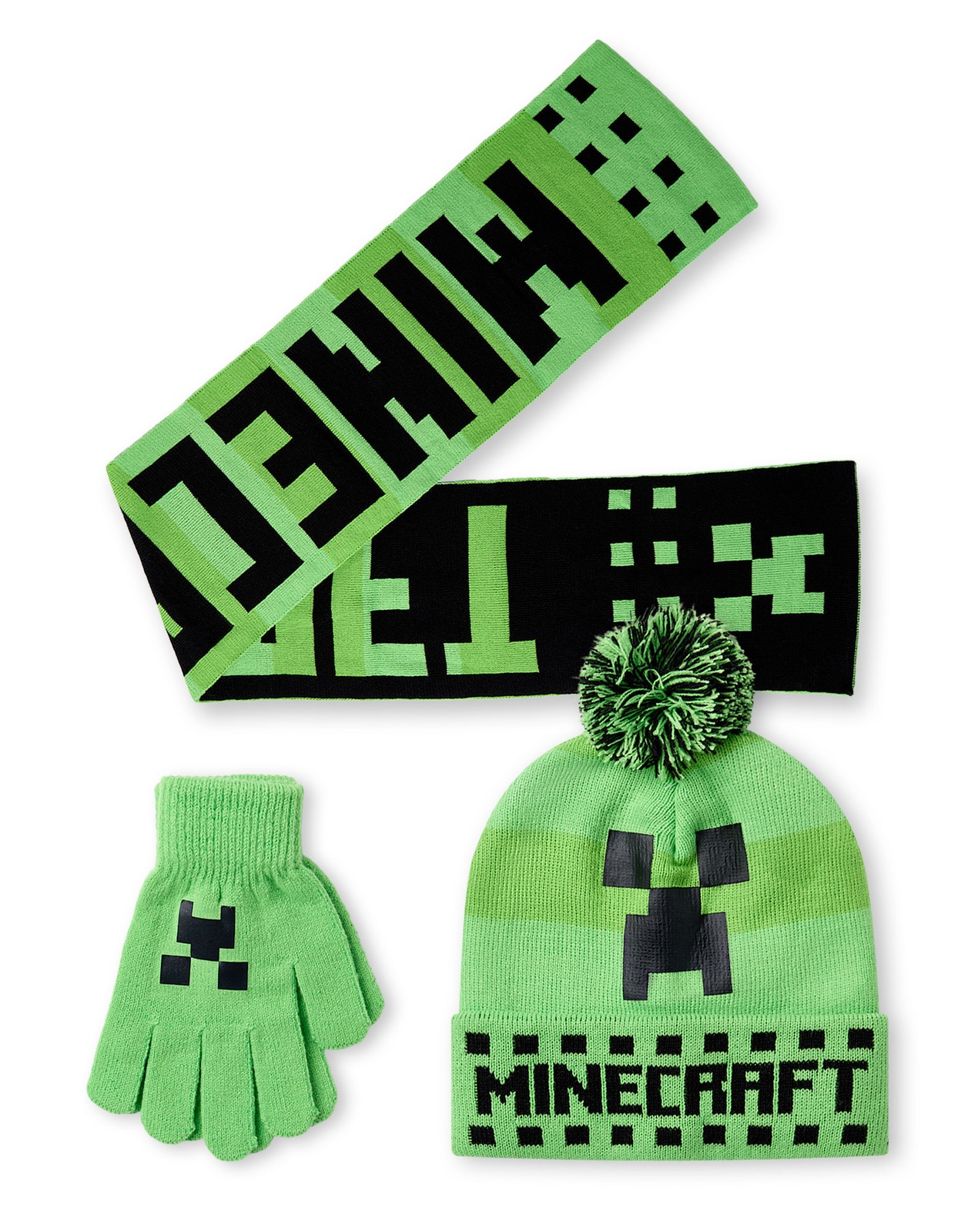 Minecraft Beanie , Gloves and Scarf Set | Boys Green Gaming | Official Merch