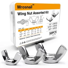 50 PCS Wing Nuts Assorted kit 1/4"-20 5/16"-18 3/8"-16 SAE Steel 3 Size Wing Nut