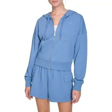 DKNY women's terry Zip front Jacket Hoodie With Zipper  Pockets - Blue