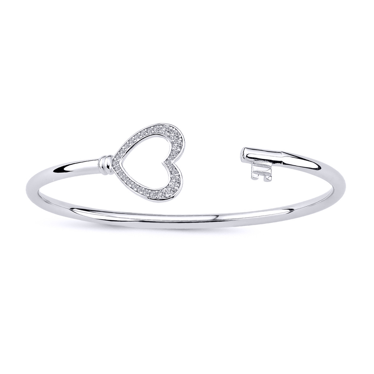 Silver Jewelco London CZ Love Heart Key Torque Bangle Bracelet 17mm