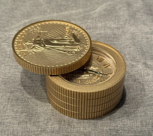 Vintage Bulova Lady Liberty $20 Gold Coin Stack Alarm Clock Quartz Works GREAT