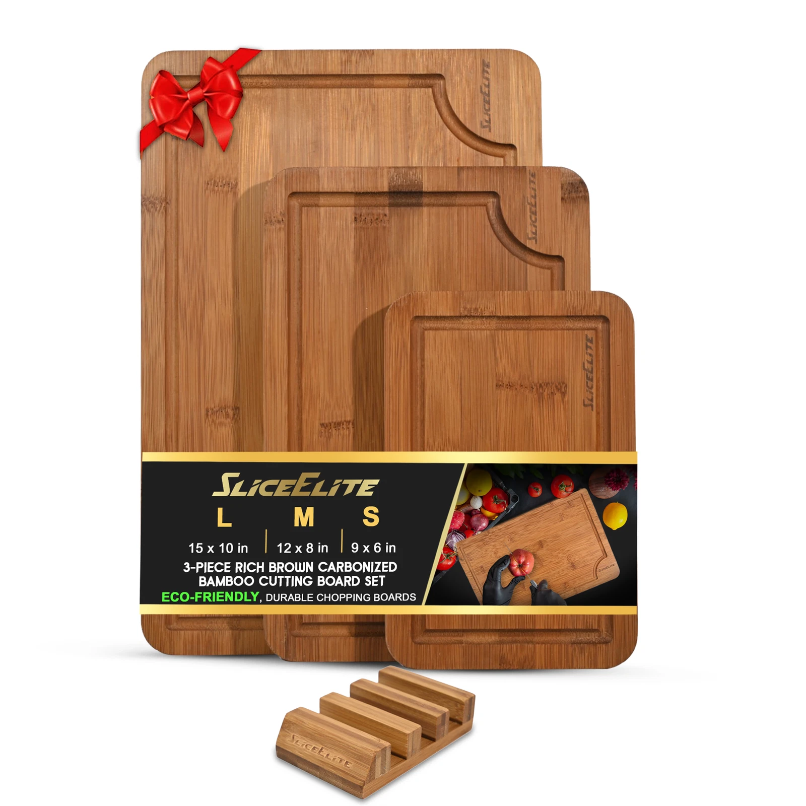 SliceElite Rich Brown Carbonized Bamboo Cutting Board Set 3 Piece with Stand
Opens in a new window o