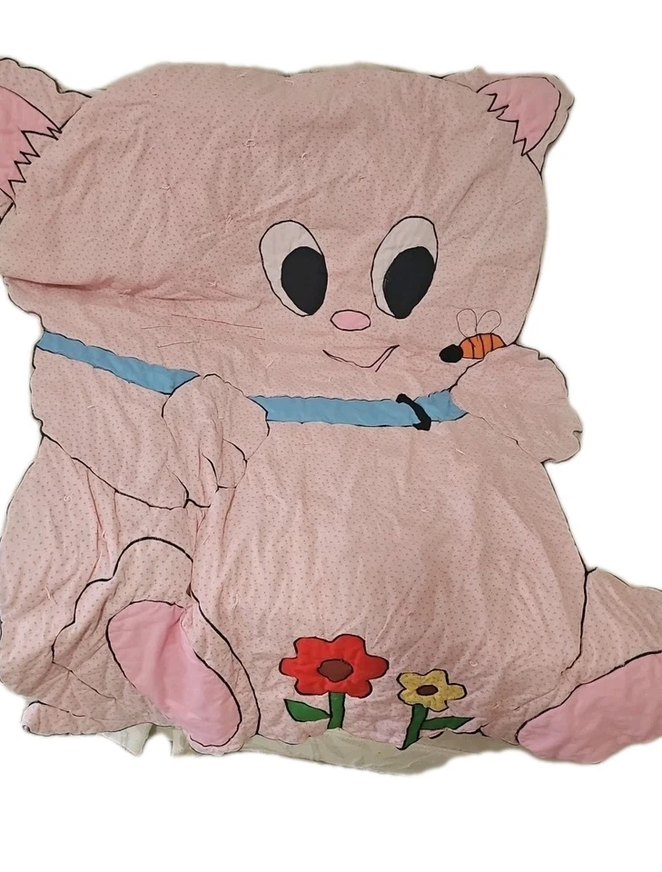 "Manta bebé vintage rosa floral bordada en forma de gato 49" x 36""" Foto 2 de 4