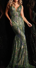 Jovani Emerald Iridescent Sequin Mermaid Gown Plunge Back Prom Dress Evening