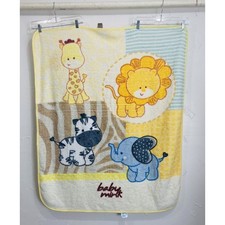 Baby Mink Plush Blanket Yellow Zoo Animals Giraffe Lion Zebra Elephant VTG Mexic