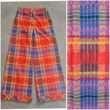 Vintage 60s 70s Bell Bottoms Plaid Flare Leg Wide Hip Hugger Low Rise Madras XS