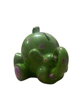 Vtg Green/Purple Elephant Ceramic Piggy Bank 2002 Rubber Stopper Coin Container
