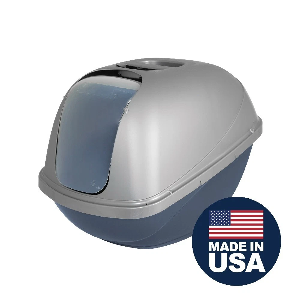Large Hooded Enclosed Cat Litter Box with Door, Blue Silver, Plastic Covered - thumbnail 3