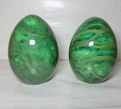 Ducceschi Volterra Alabaster Malachite Green Egg Bookends Hand Carved Italy