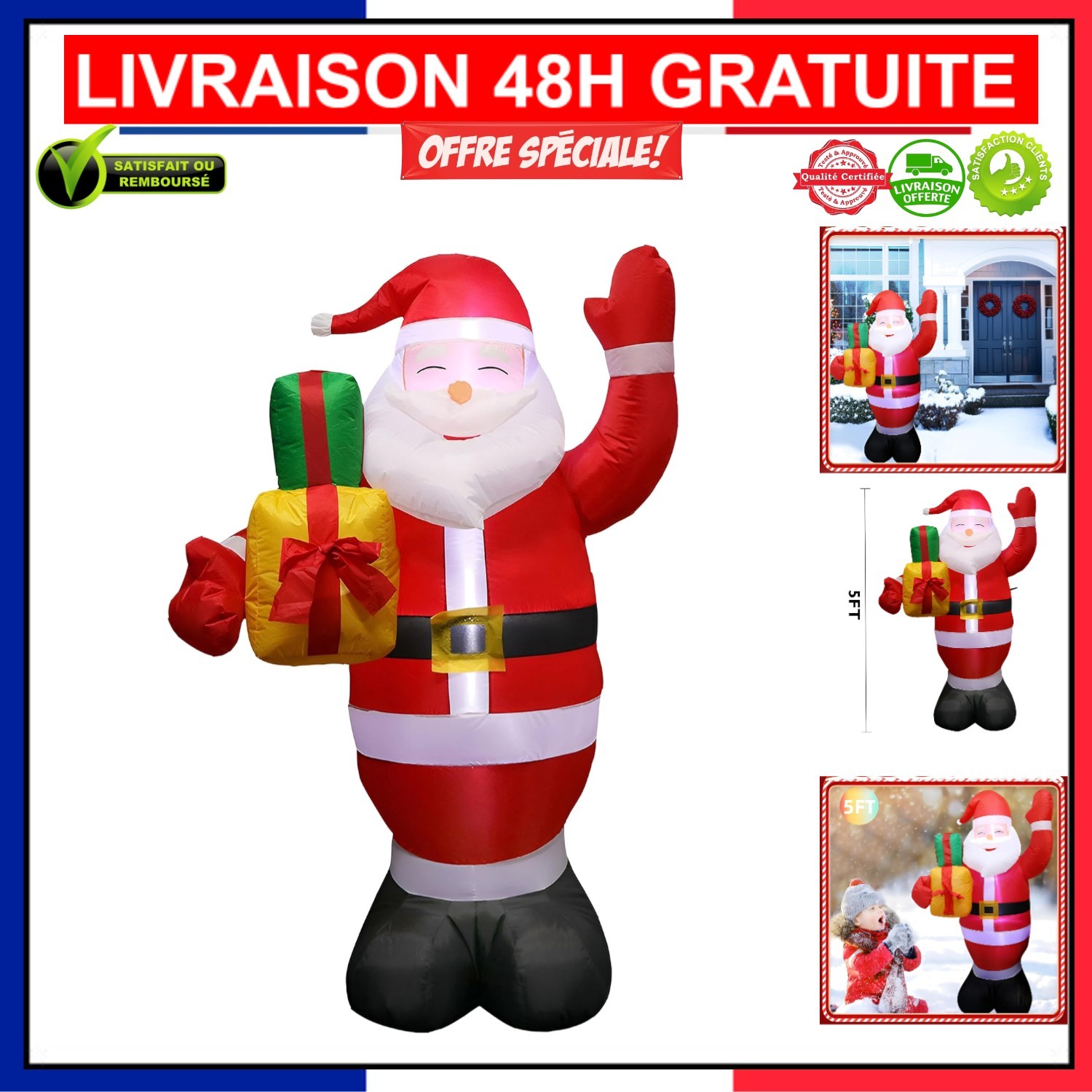 Père Noël Gonflable 5 FT Stable Face au Vent Décoration Noël Extérieure Étanche Facile à Fixer