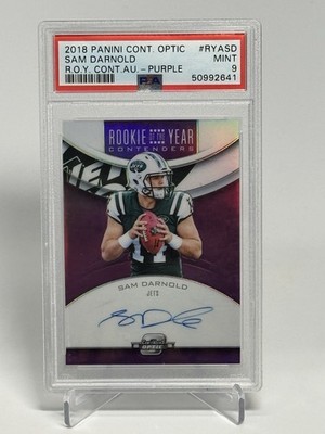 2018 Contenders Optic ROY Autographs Sam Darnold Purple 14/49 Jersey#🔥 PSA 9