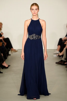 badgley mischka navy blue dress Navy Velvet Drape Gown with Puffed Sleeves by Badgley Mischka
