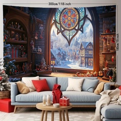 3D Christmas Town Snow Scene Tapestry - Versatile Polyester Wall Decor for Holid