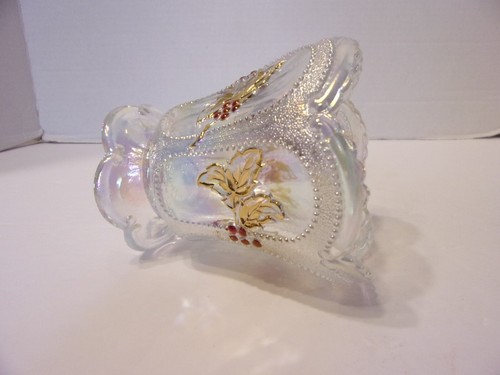 CARNIVAL GLASS VASE OPEN SUGAR IRIDESCENT BERRIES & LEAVES - Picture 3 of 6