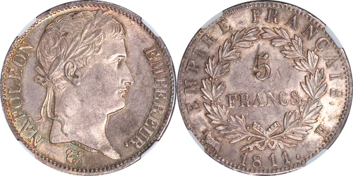France 1811-B Napoleon I Silver 5 Francs Rouen Mint NGC MS-63