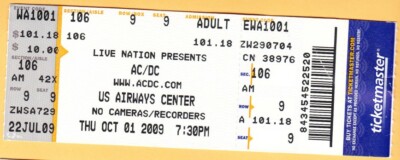 2009 AC/DC acdc Concert Ticket US AIRWAYS CENTER PHOENIX ARIZONA Angus ...