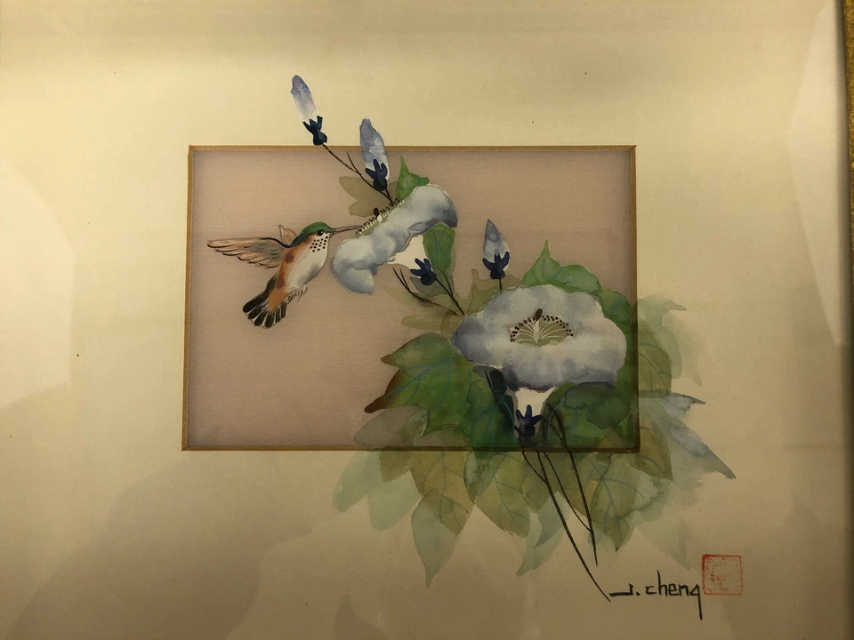 Gouache asiático firmado por J. Cheng con detalles de acuarela en tapete de un colibrí Foto 2 de 4