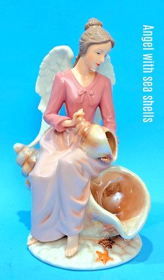 Rare Porcelain Angel with Conch Shells, Starfish & Sea Scallop Statue Figurine