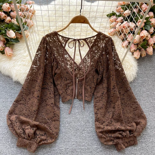 Women Crop Floral Lace Blouse Top Puff Sleeve Hollow Out V-neck Retro Sexy - Picture 6 of 18
