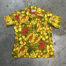 Vintage 50s 60s Kauai Barkcloth Floral Hawaiian Shirt Medium Men Loop Collar