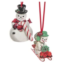 Set/2 3" Wood Dummy Board Candy Cane Snowman Ornament Retro Vntg Christmas Decor
