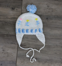 VINTAGE Kids Baby Toddler Size Knit Crochet Stocking Pom Pom Hat White Blue