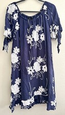 LIV Los Angeles Boho Peasant Dress Embroidered Floral Navy White XL Extra Large