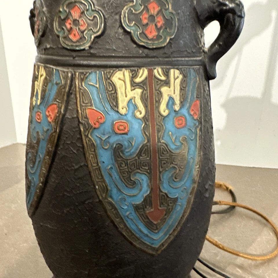 Antique Art Deco Era Tall Black Champleve Tokoname Vase Japan Converted To Lamp - Image 2 of 4