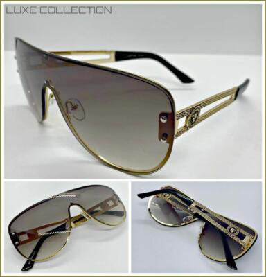 Men Women Oversized Retro Modern Shield Style SUN GLASSES Large Gold Metal Frame