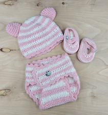 First Steps Infant Baby Girl Crochet Pink White 0-6M Hat, Diaper Cover, Booties