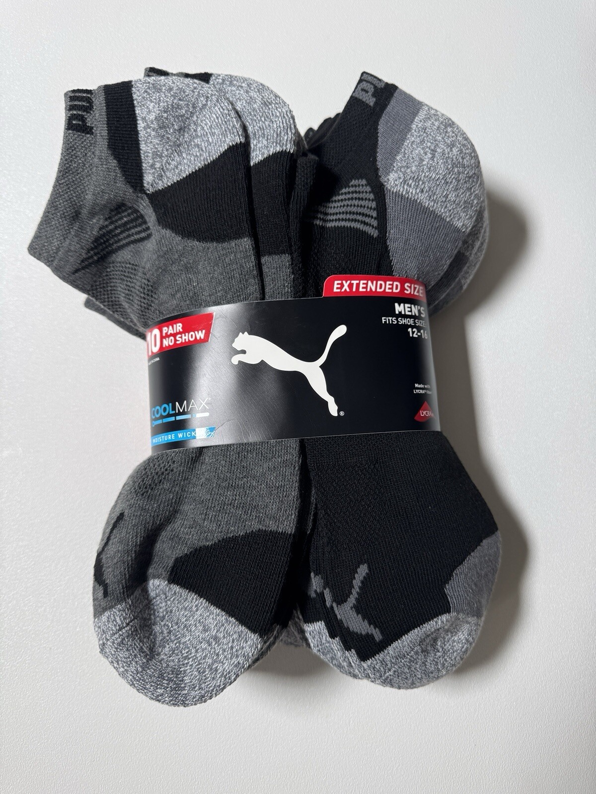 PUMA Men's No Show Sock, 10-pair, Black/Gray, Fits Shoe Size 12-16 Extended Size
