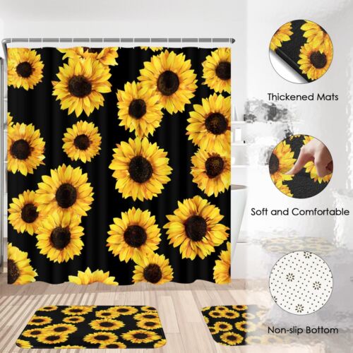Set of 4 Sunflower Shower Curtain with Rugs Bathroom Accessories with 12 Hooks - Picture 5 of 7
