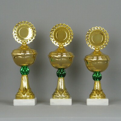 3er Serie Pokale / 25-23cm / gold grün / mit Gravur + Emblem / kompl. MONTIERT