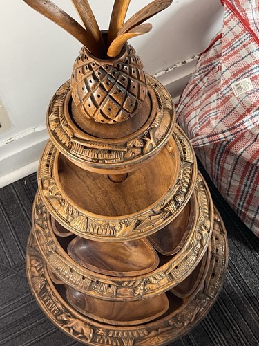 Carved Wooden Hawaiian Pineapple Motif Serving Bowl and Tray Set Handmade