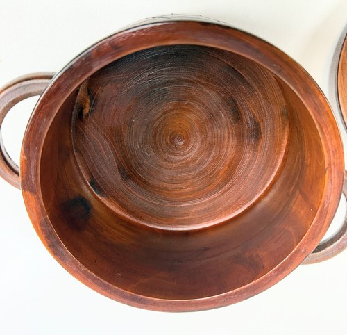 Handgeschnitzte floral verzierte Holzschüssel mit festem Deckel Glas gebeizt 8"x7" - Bild 7 von 8