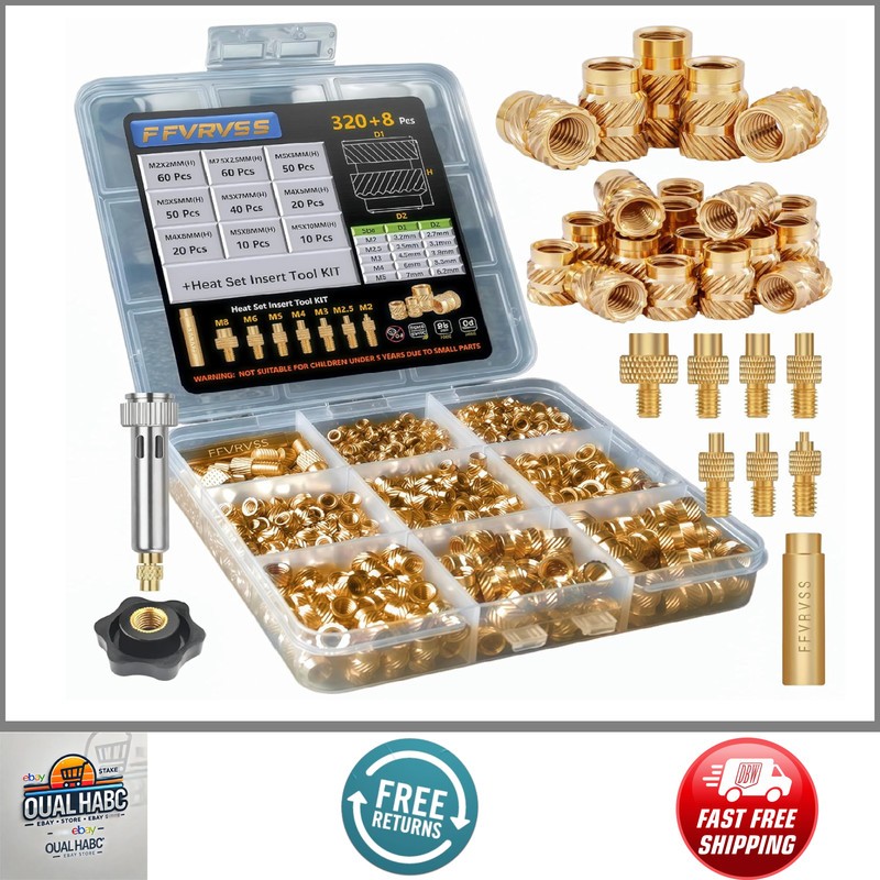 320+8Pcs M2-M5 Brass Threaded Inserts Kit, Metric Knurled Nuts with Heat Set Too