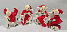 Vtg Christmas Pixie Elf Elves N O E L Letters 4 Ceramic Figurines Japan MCM READ