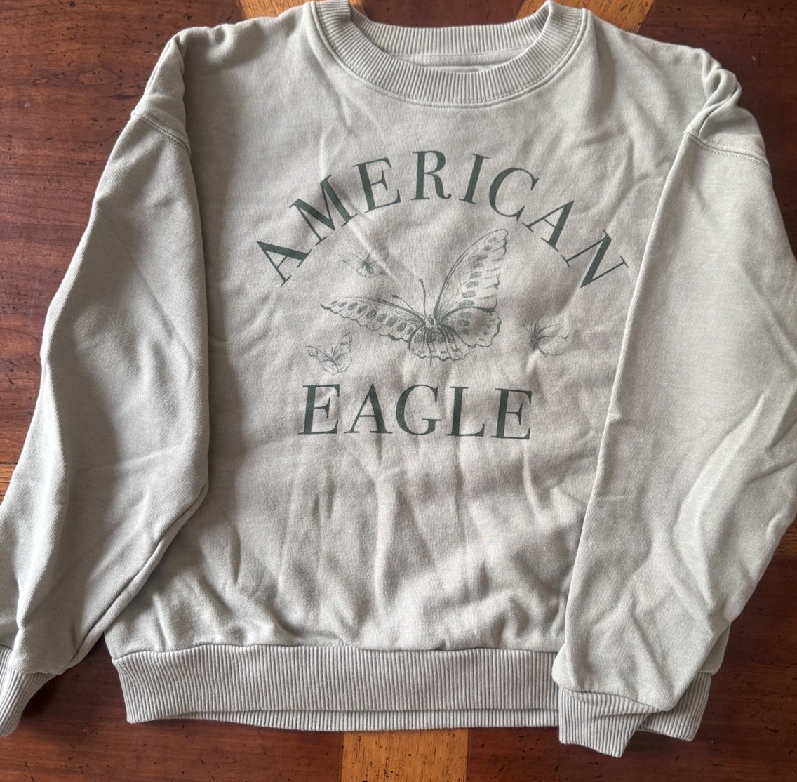 American Eagle Green Butterfly Crew Neck Sweater Cozy & Cute Size Small Women's