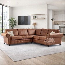Oakley Chesterfield Style Corner Sofa Tan Brown Suede Leather 5 Seater Large