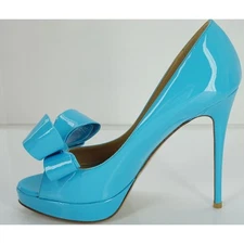Valentino Blue Patent Leather Bow Peep Toe Platform Pumps Size 37 heels $895 NIB