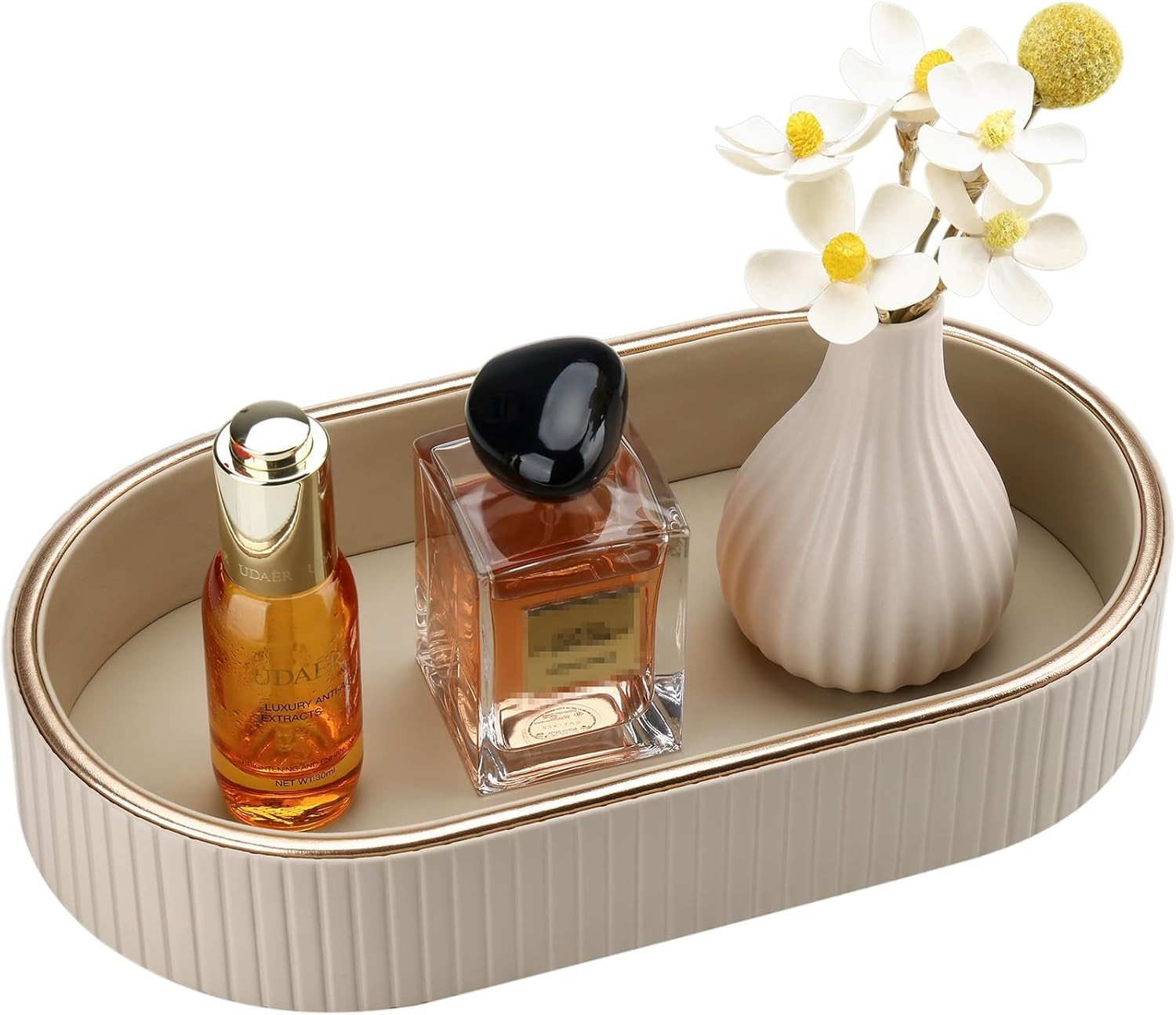 Plateau de salle de bain ovale décoratif organisateur de parfum en cuir