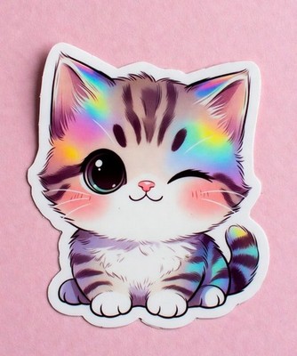 Cute Rainbow Holographic Kitten Sticker - Chibi Winking Cat Vinyl Decal 3.5''