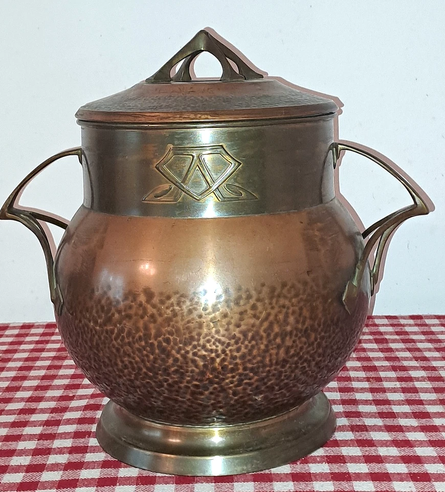 Bowletopf mit Jugendstildekor mit Glaseinsatz Kupfer/Messing Hammerschlag - Bild 4 von 4